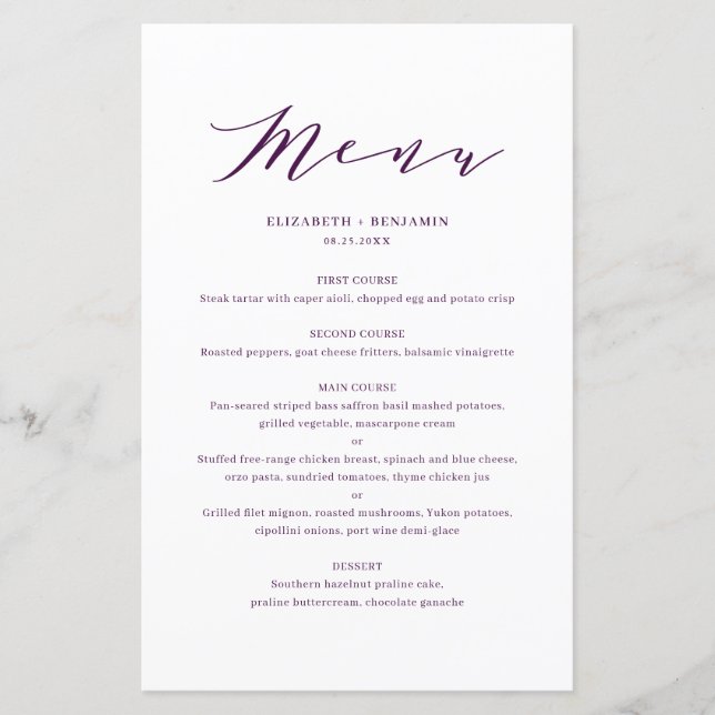 Minimalist Dainty Script Purple Wedding Menu Card (Front)