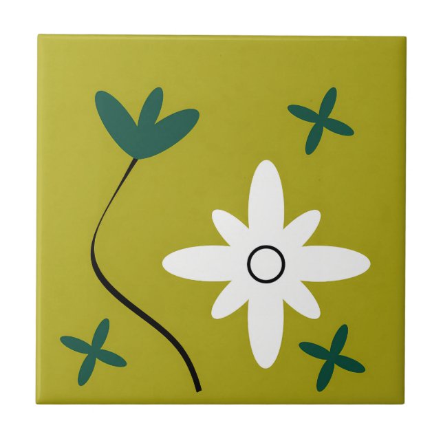 Minimalist Daisy Flower Abstract Botanical Art Tile (Front)