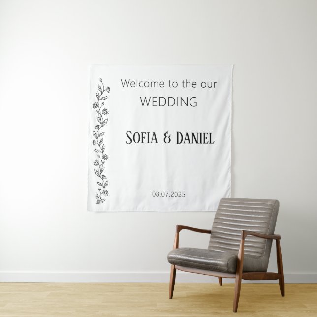 Minimalist Daisy Line Art rustic wedding Tapestry (In Situ)