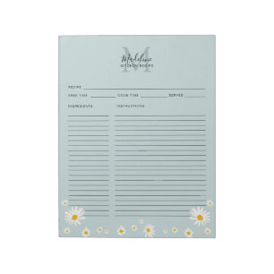 Minimalist Daisy Teal Script Monogram Recipe Sheet Notepad