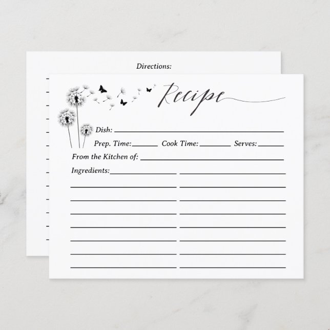 Minimalist Dandelion Flowers Recipe Card (Front/Back)