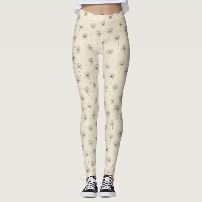 Minimalist Dandelion Seed Pattern Beige Leggings (Front)