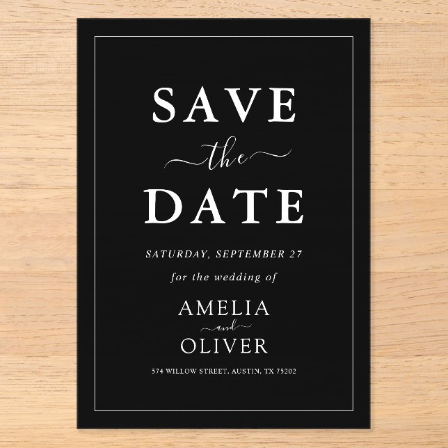 Minimalist Dark Black Luxury Acrylic Save The Date Invitations (Front)