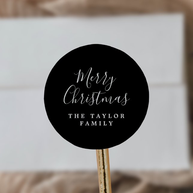 Minimalist Dark Black Merry Christmas Holiday Gift Classic Round Sticker (Creator Uploaded)