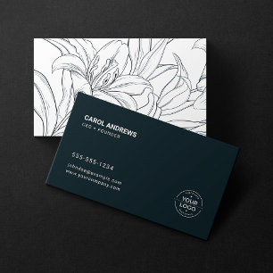Minimalist Dark Blue and White Lily Custom Logo Business Card