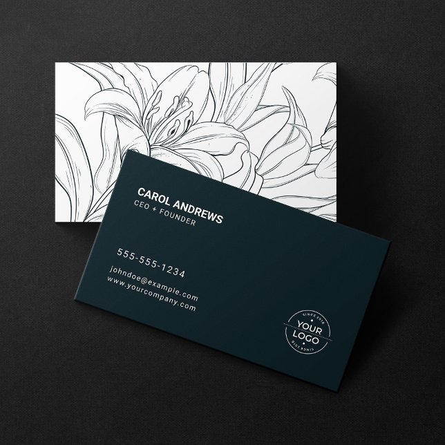 Minimalist Dark Blue and White Lily Custom Logo Business Card (Creator Uploaded)
