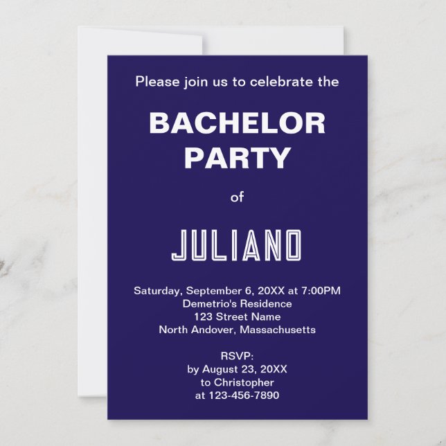 Minimalist Dark Blue Bachelor Party Invitation (Front)