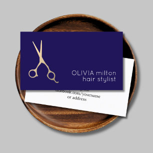 Minimalist Dark Blue Faux Gold Scissor HairStylist Business Card