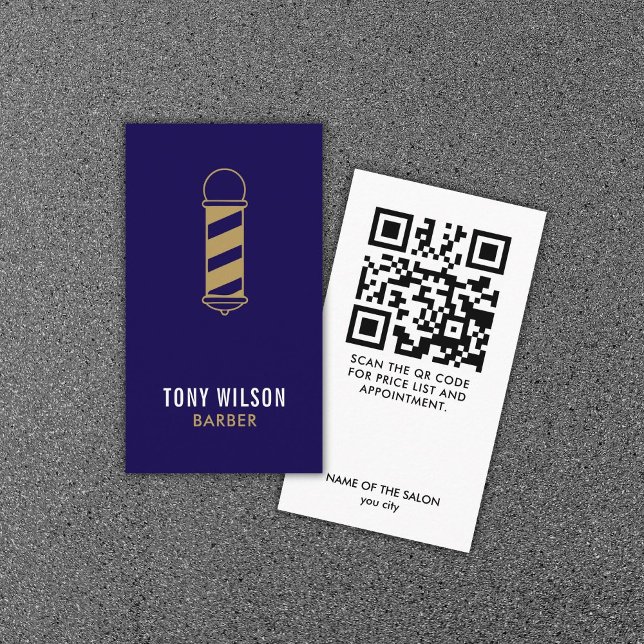 Minimalist Dark Blue Golden QR Code Barber Business Card (Creator Uploaded)