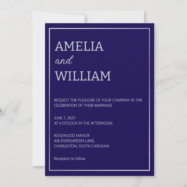 Minimalist Dark Blue Wedding Invitation Template (Front)