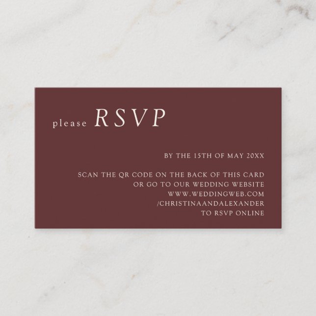 Minimalist Dark Burgundy Wedding QR Code RSVP Enclosure Card (Front)