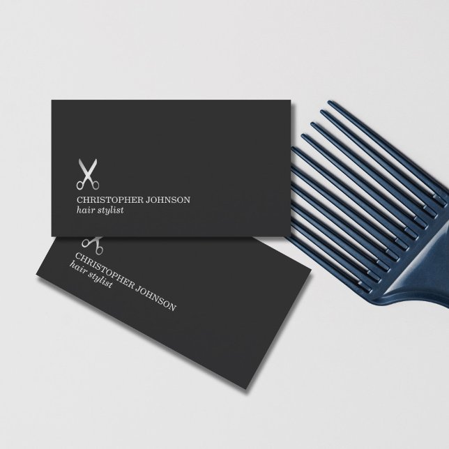Minimalist Dark Faux Silver Scissor Hair Stylist Business Card (Creator Uploaded)