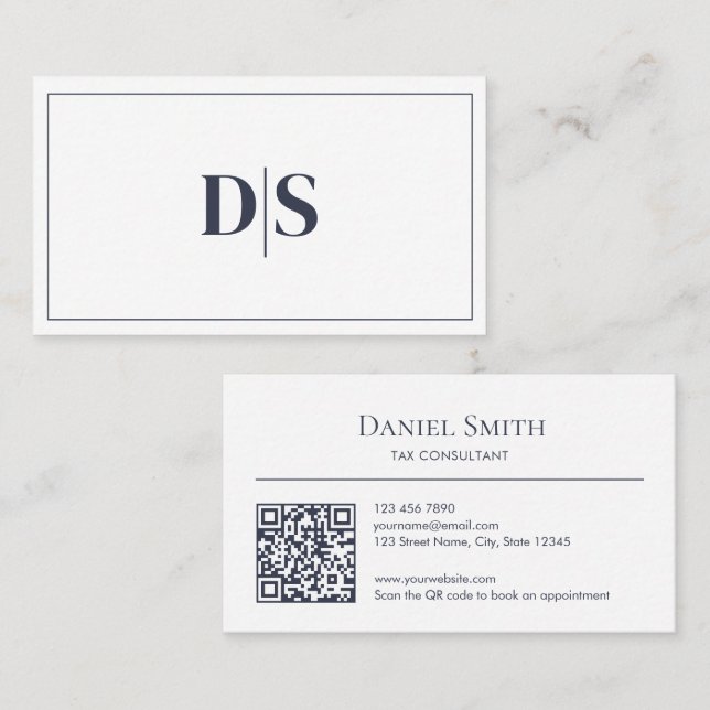 Minimalist Dark Gray on White Initials QR Code Business Card (Front/Back)