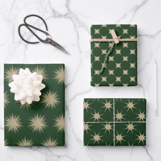 Minimalist Dark Green Elegant Gold Starbursts Wrapping Paper Sheet (Front)