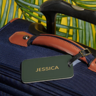 Minimalist dark green gold script personalised luggage tag
