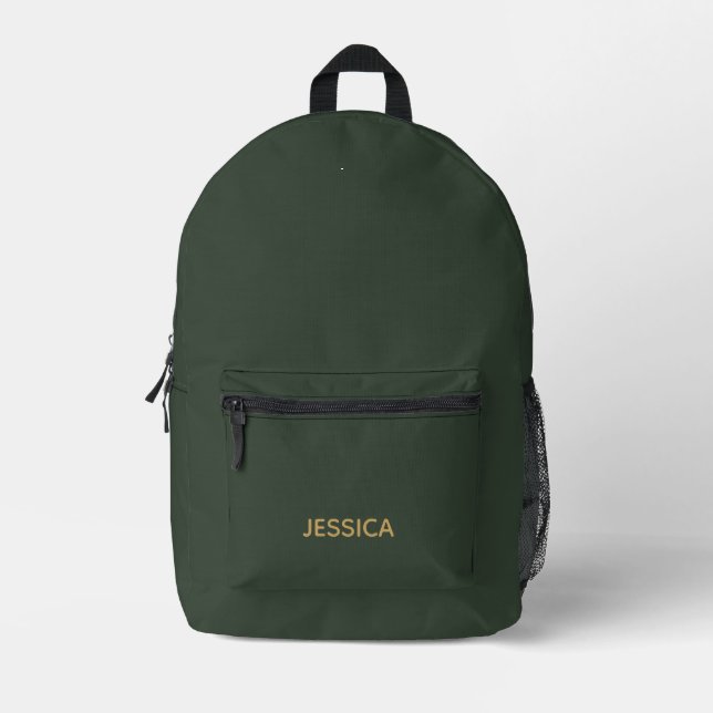 Minimalist dark green gold script personalised printed backpack (Front)