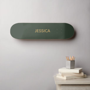 Minimalist dark green gold script personalised skateboard
