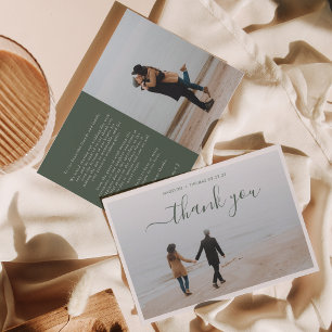 Minimalist Dark Green Script with 2 photo wedding Thank You Card