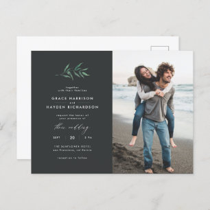 Minimalist Dark Grey & Green Branch Wedding Photo Invitation Postcard