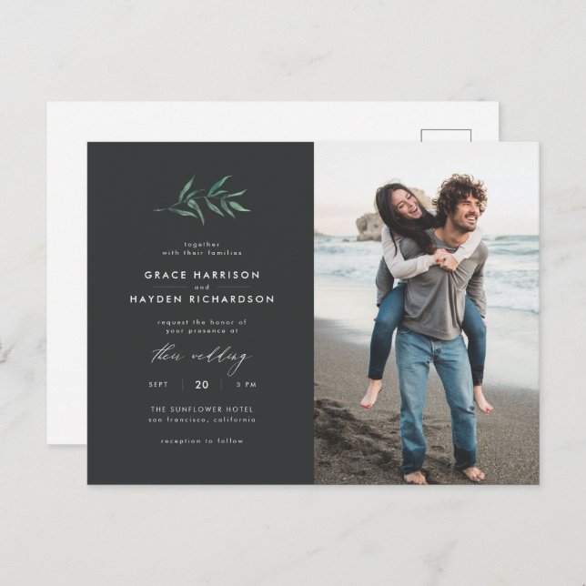 Minimalist Dark Grey & Green Branch Wedding Photo Invitation Postcard (Front/Back)