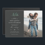Minimalist Dark Grey & Green Branch Wedding Photo Magnetic Invitation<br><div class="desc">This minimalist wedding design is perfect for that modern couple looking for something unique. This magnetic invitation features a watercolor branch with gorgeous modern typography underneath and your own custom photo on the right-hand side against a dark grey background. On the back, there is a green watercolor wash to perfectly...</div>