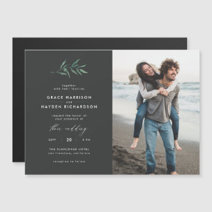 Minimalist Dark Grey & Green Branch Wedding Photo Magnetic Invitation