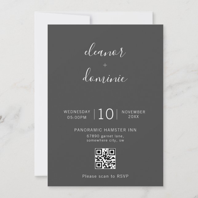 Minimalist Dark Grey Photo RSVP QR Code Wedding Invitation (Back)