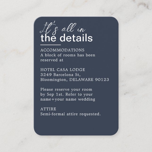 Minimalist Dark Navy Blue Wedding Details  Enclosure Card (Front)