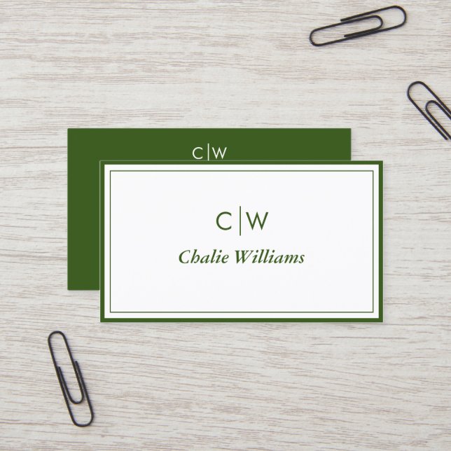 Minimalist Dark Olive Green, 2 Borders Business Card (Front/Back In Situ)
