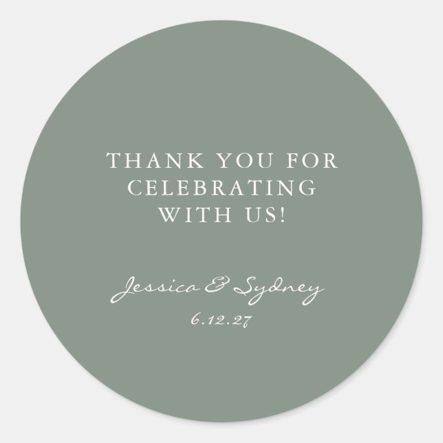 Minimalist Dark Sage Green Script Custom Thank You Classic Round Sticker (Front)