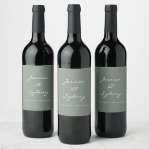 Minimalist Dark Sage Green Script Wedding Custom Wine Label