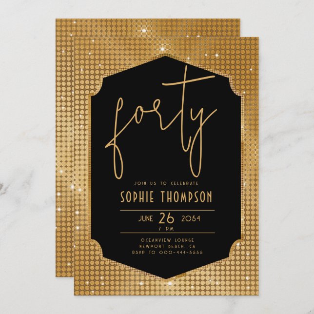 Minimalist Deco Black Gold Sequins 40th Birthday Invitation (Front/Back)