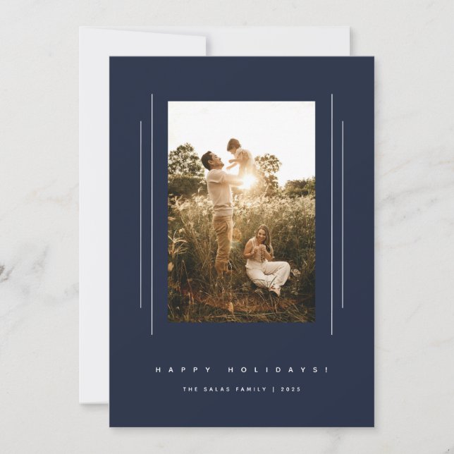 Minimalist Deco Navy Blue Holiday Photo Card (Front)