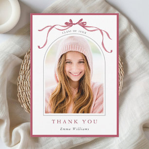 Minimalist Deep Blush Bow Graduation Photo Thank You Card