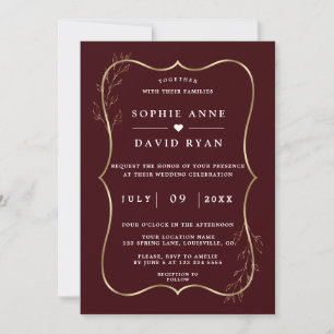 Minimalist Deep Burgundy Gold Line Art Wedding Invitation