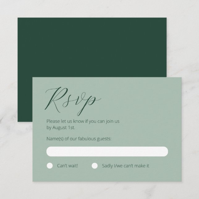 Minimalist Deep Forest Green and Sage RSVP card (Front/Back)