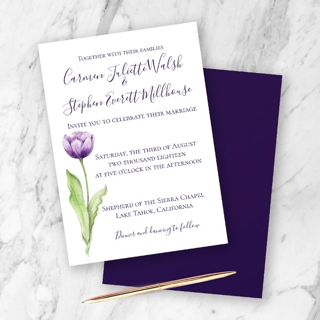 Minimalist Deep Purple Single Tulip Wedding Invitation (Creator Uploaded)