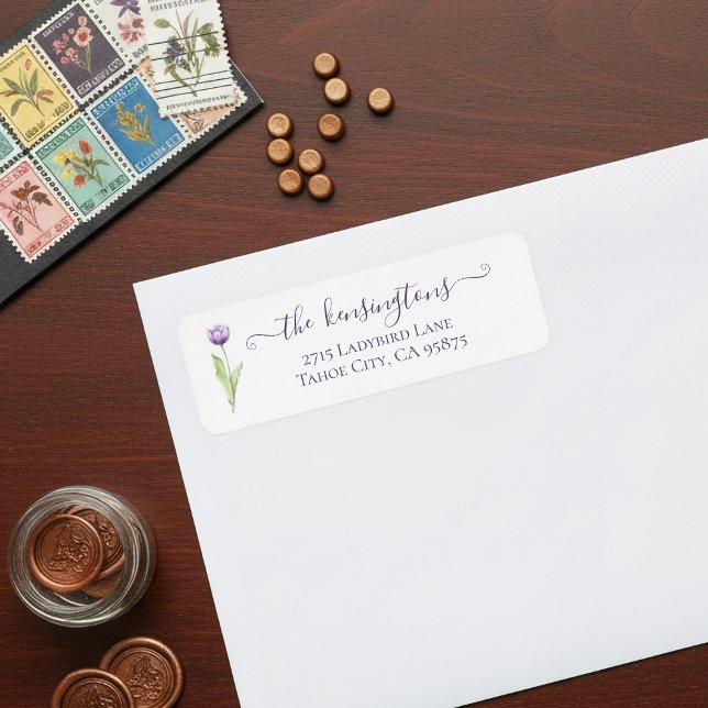 Minimalist Deep Purple Single Tulip Wedding Label (Minimalist Deep Purple Single Tulip Return Address Labels)