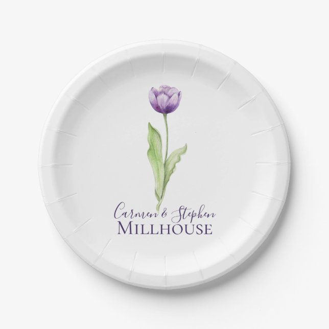 Minimalist Deep Purple Single Tulip Wedding Paper Plate (Front)