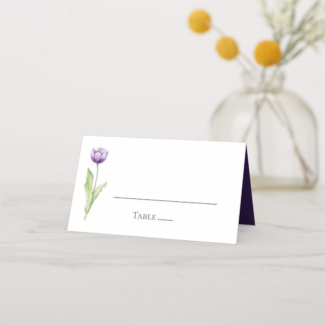 Minimalist Deep Purple Tulip Wedding Reception Place Card (Front)