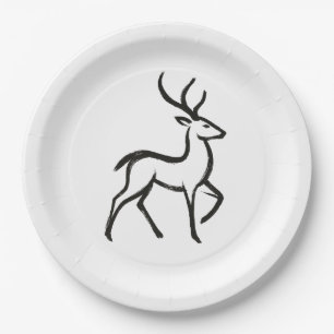 Minimalist Deer – Ink Brush Wildlife Design on  Paper Plate