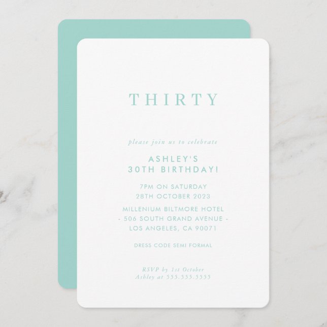 MINIMALIST design birthday chic modern mint green Invitation (Front/Back)