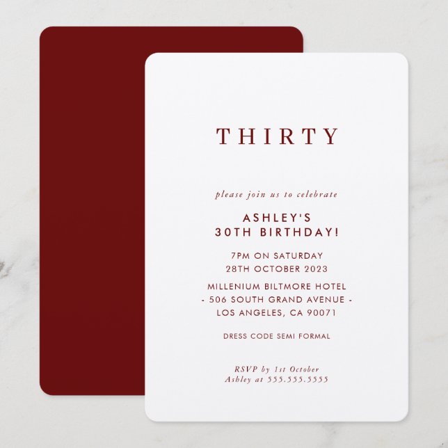 MINIMALIST design birthday chic modern wine maroon Invitation (Front/Back)