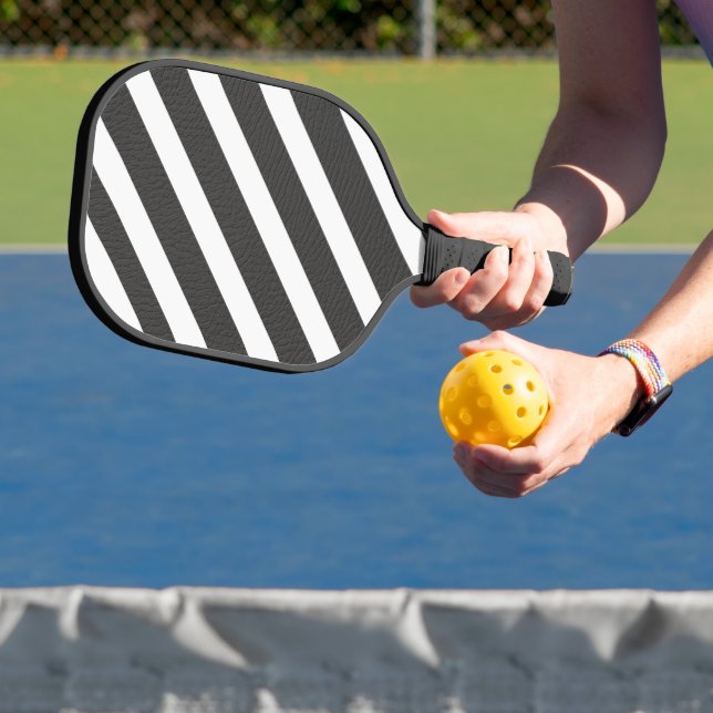Minimalist Diagonal White Stripes Black Monogramme Pickleball Paddle (Insitu)