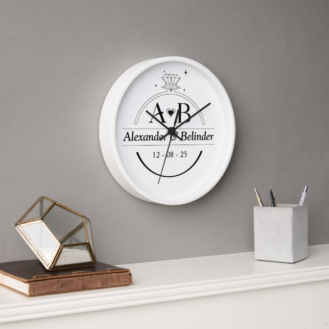Minimalist Diamond ring monogram Wall clock (Office)