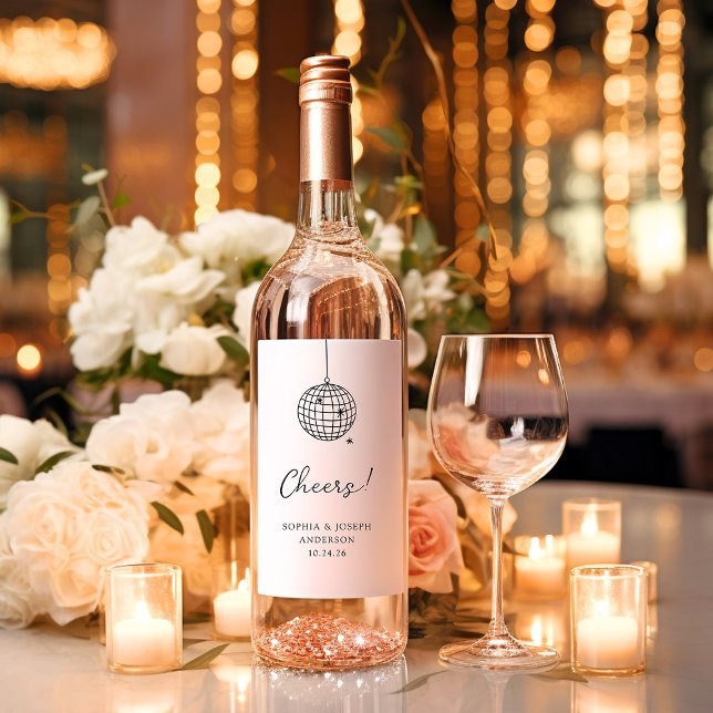 Minimalist Disco Ball | Black and White Wedding Wine Label (Creator Uploaded)