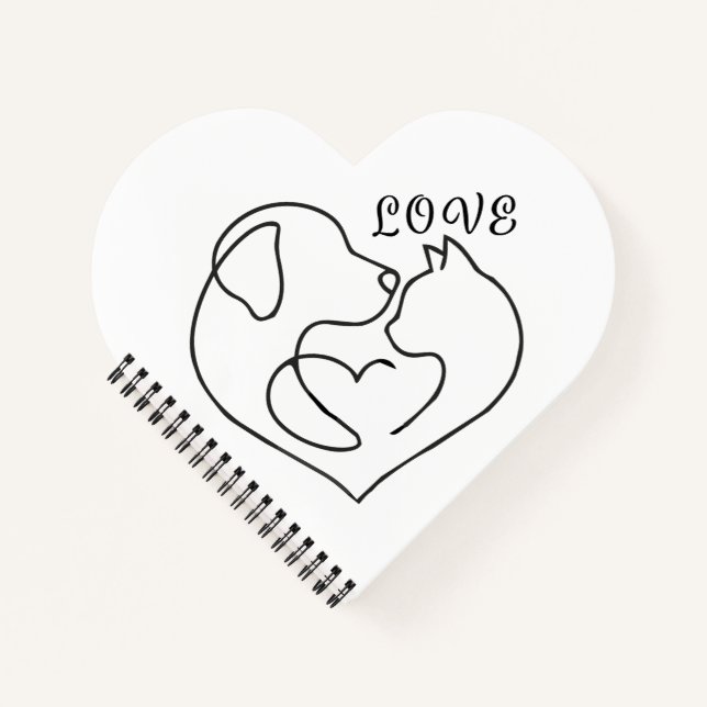 Minimalist Dog and Cat Heart - One Line Art Design Notebook (Front)