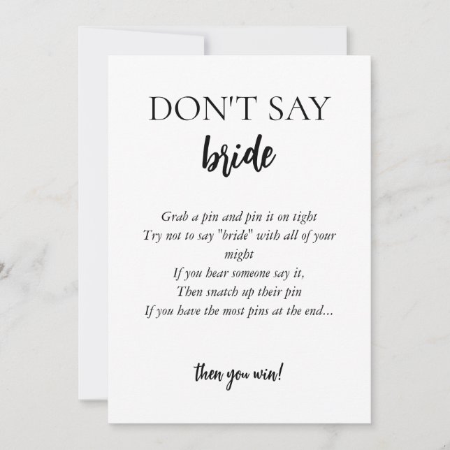Minimalist Don't Say Bride Game Card (Front)