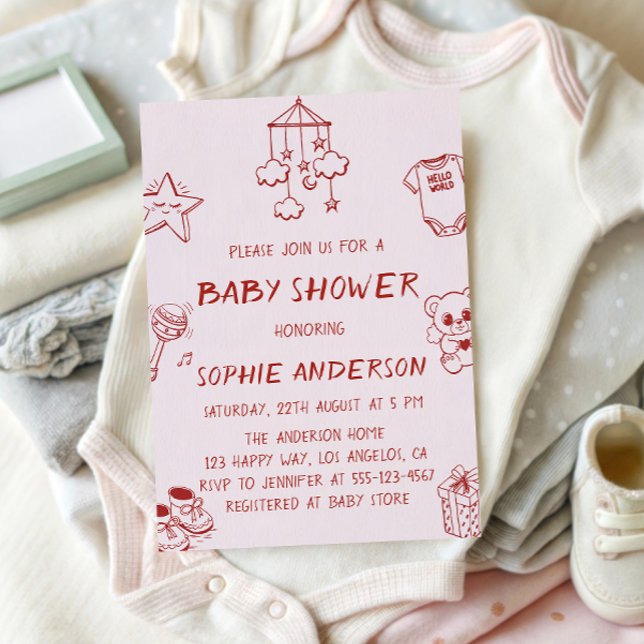 Minimalist Doodle Cute Blush Baby Shower Invitation (Creator Uploaded)