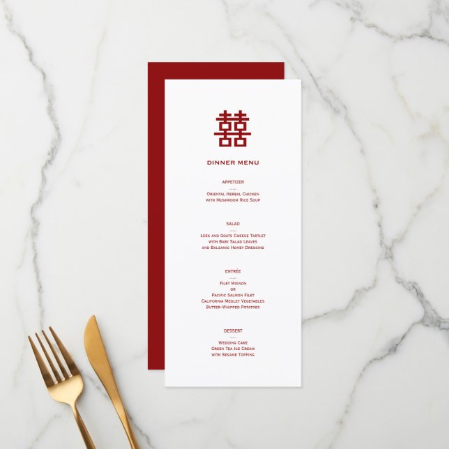 Minimalist Double Happiness Simple Chinese Wedding Menu (Front/Back In Situ)